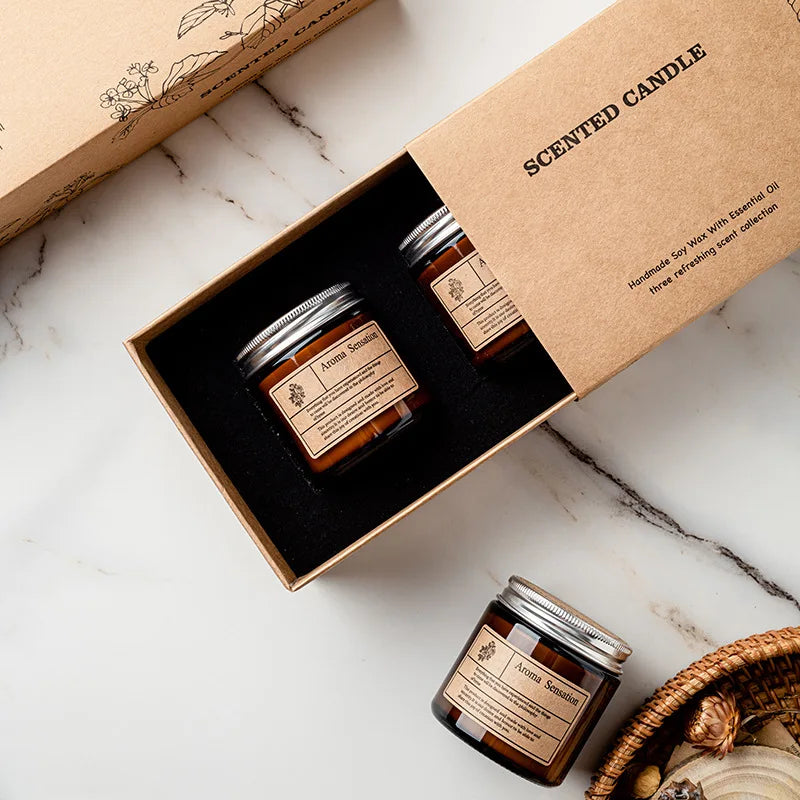Scented Candle Gift Set Soy Wax Custom Label Brown Glass Jar Scented Candle Soy Wax Essential Oil Luxury Aroma Candle Gift Set
