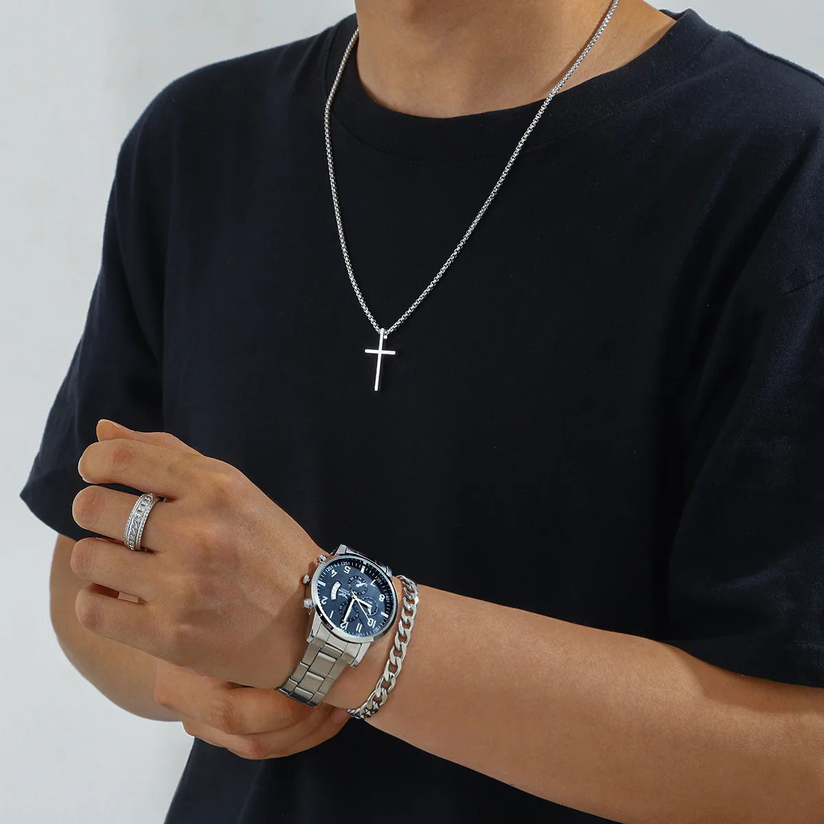 Promotional 4-Piece Silver Plated Watch Bracelet Necklace Ring Gift Set Collection