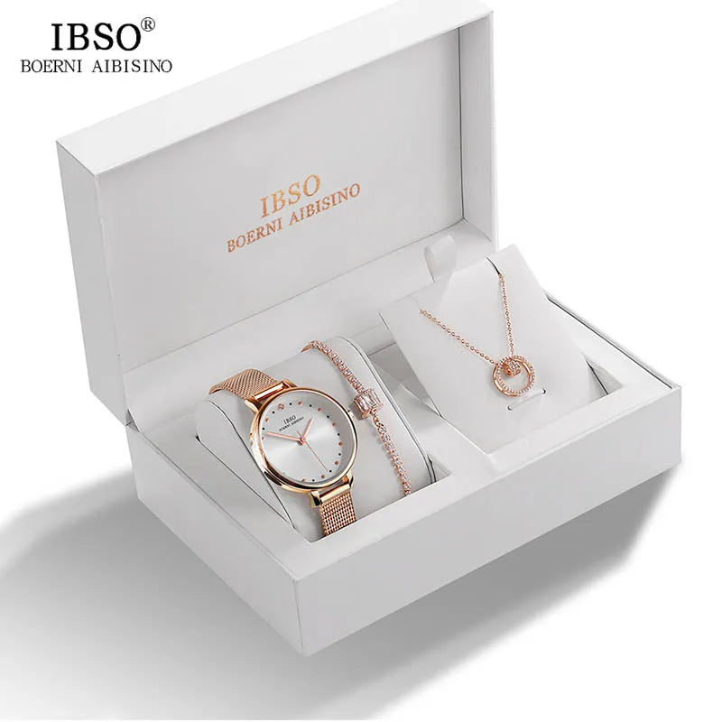 IBSO Brand Female Elegant Jewelry Set Steel Quartz Wristwatch Lady Charm Crystal Pendant Necklace Bracelet Women Gift Set