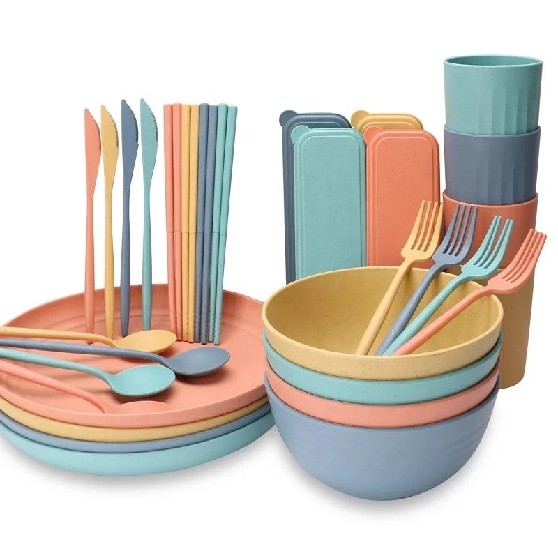 Wheat Straw Bowl Cup Plate 32-piece Tableware Creative Portable Knife, Fork, Spoon Chopsticks Tableware Gift Set