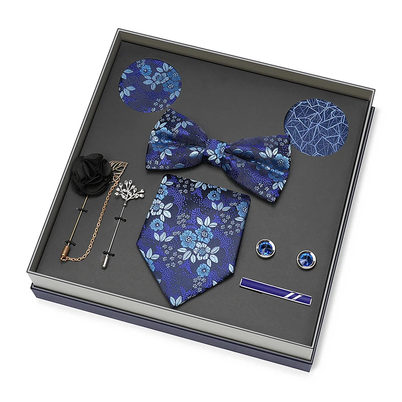 Men Gift Box Set 8CM Red and Royal Blue Tie Cufflink and Handkerchief Gift Set