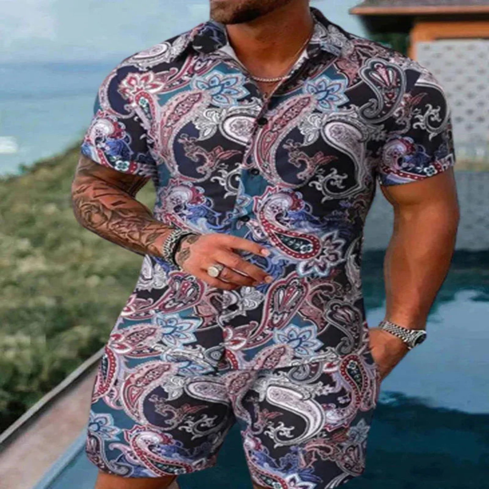 2-PC Print Patchwork Short Sleeve Shirt and Shorts set