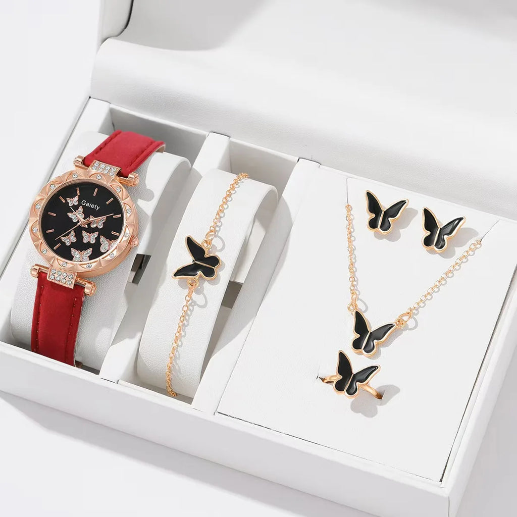 Butterfly Leather Strap Watch Set
