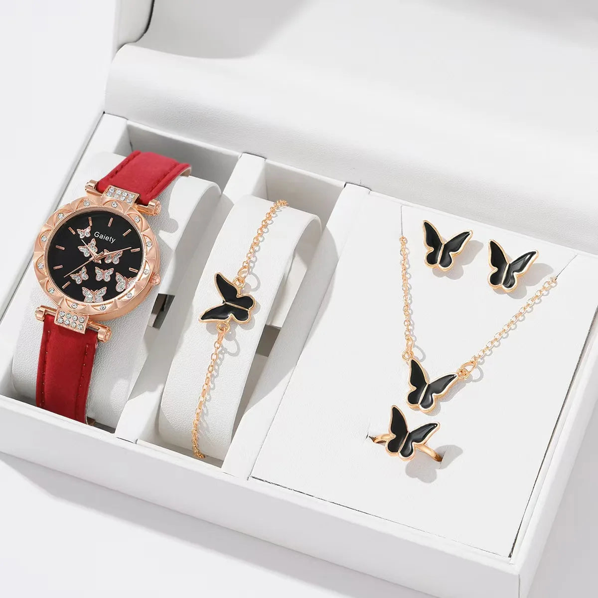 Butterfly Leather Strap Watch Set