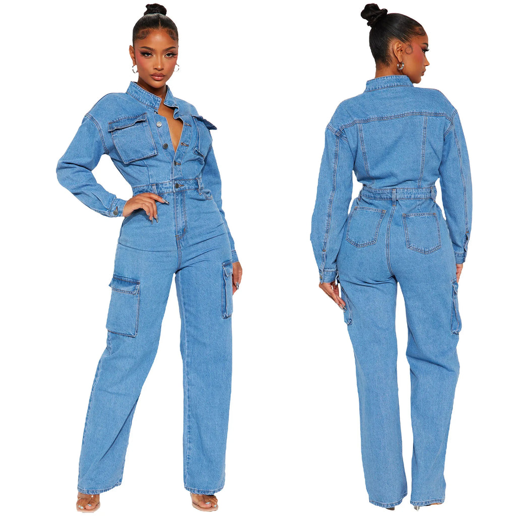 New Spring Blue Fashion Denim Jumpsuit Women's Button Long Sleeve Straight Pants Multi-Pocket Suit Women's Denim Crane Pants