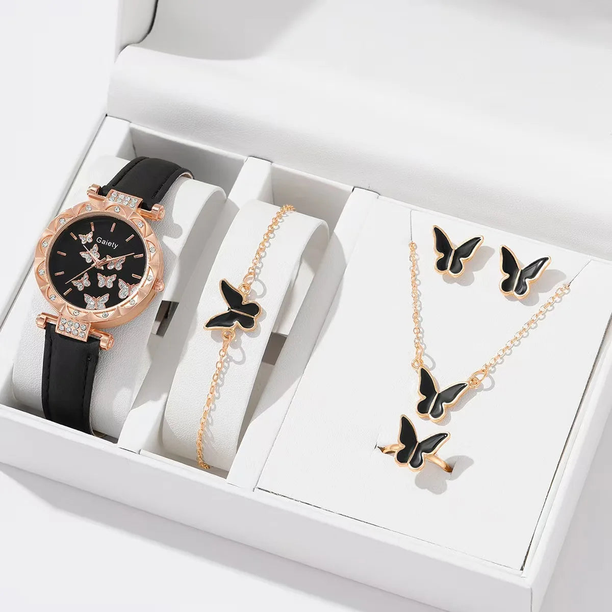 Butterfly Leather Strap Watch Set