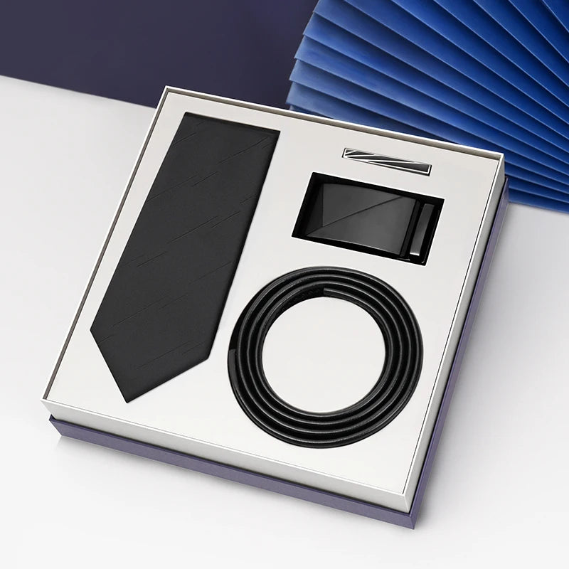 Luxury Gift Set Silk Necktie and Genuine Leather Belts for Men's Wedding
