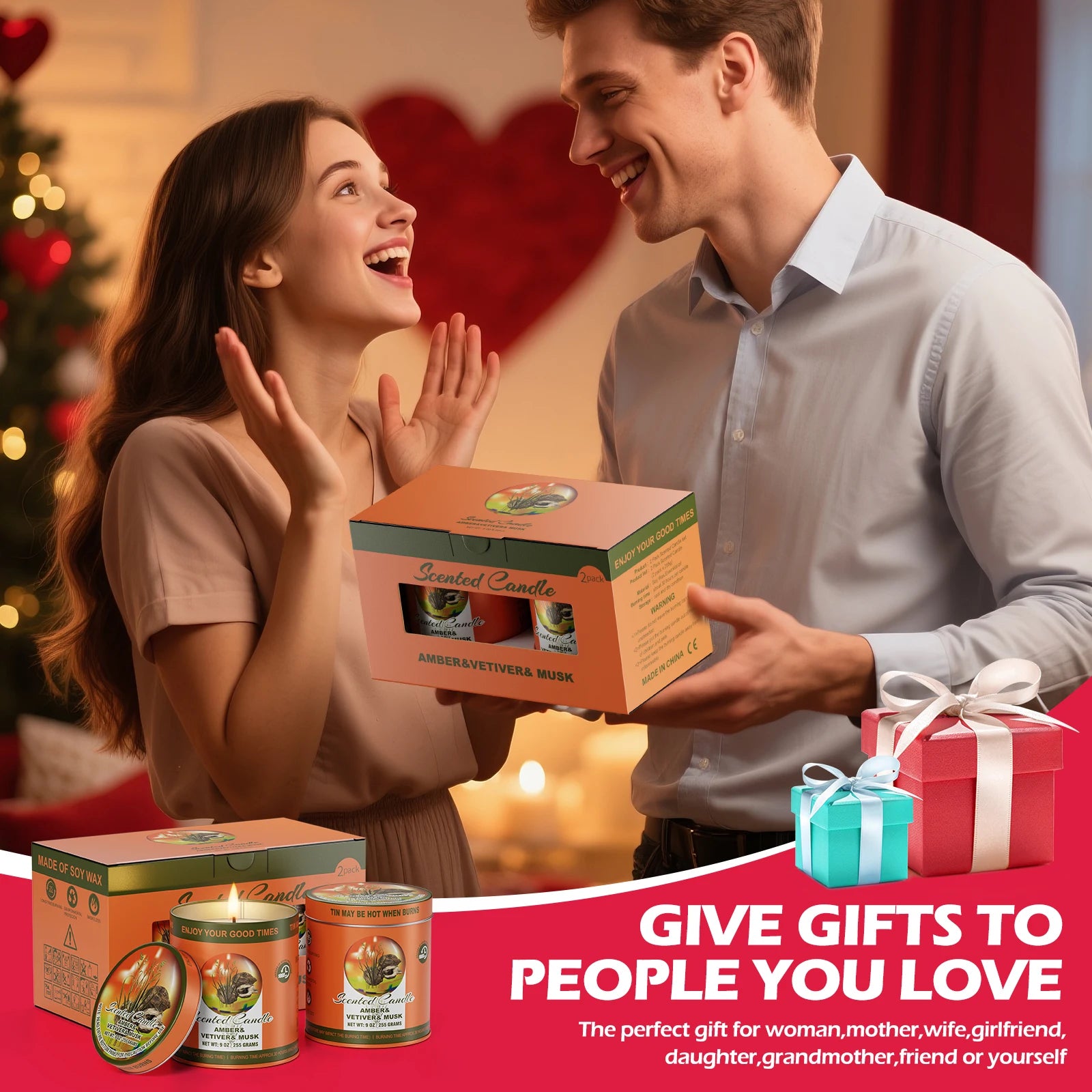 AMBER & VETIVER & MUSK Scented Candle Set  2Pack 80H Burn Time Smokeless Soy Wax Aromatherapy Candle Gift Set Women&Men