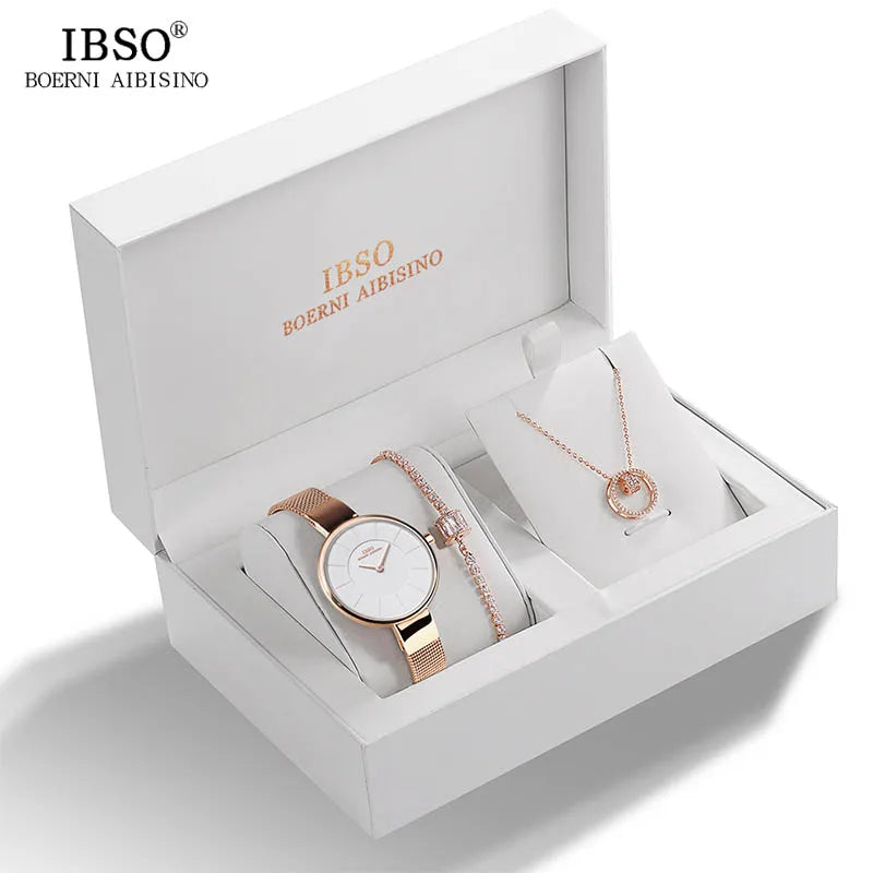 IBSO Brand Female Elegant Jewelry Set Steel Quartz Wristwatch Lady Charm Crystal Pendant Necklace Bracelet Women Gift Set