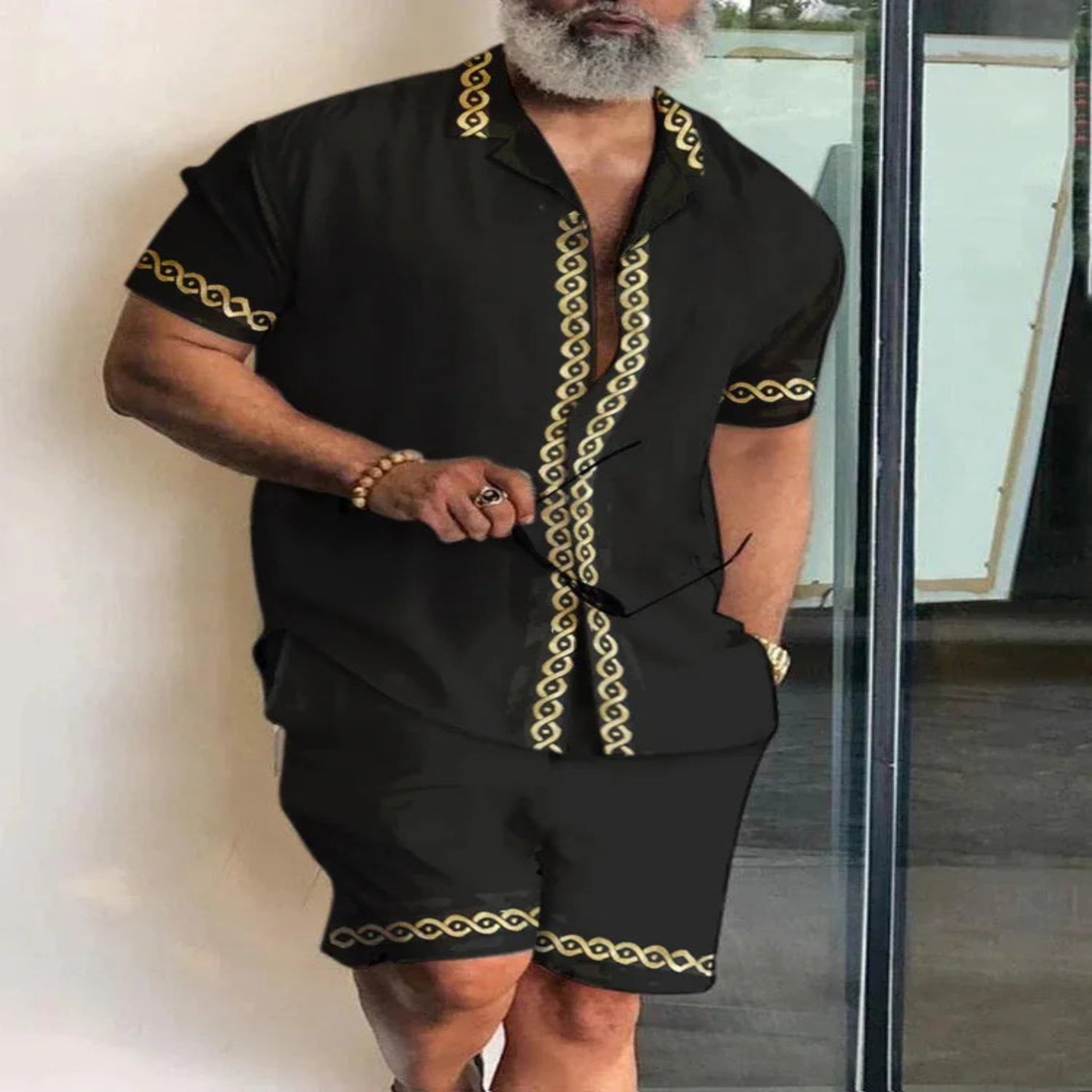 2-PC Print Patchwork Short Sleeve Shirt and Shorts set