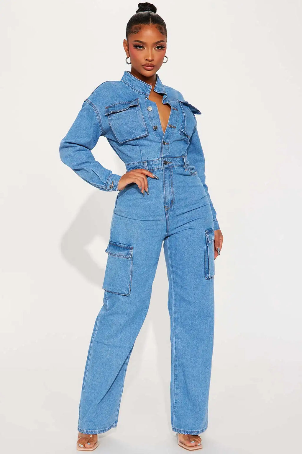 New Spring Blue Fashion Denim Jumpsuit Women's Button Long Sleeve Straight Pants Multi-Pocket Suit Women's Denim Crane Pants