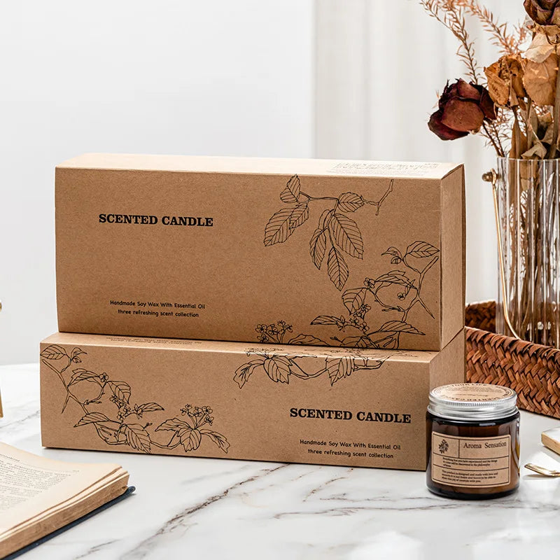 Scented Candle Gift Set Soy Wax Custom Label Brown Glass Jar Scented Candle Soy Wax Essential Oil Luxury Aroma Candle Gift Set