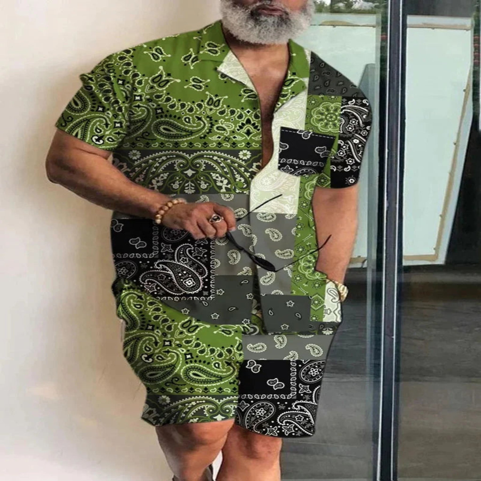2-PC Print Patchwork Short Sleeve Shirt and Shorts set