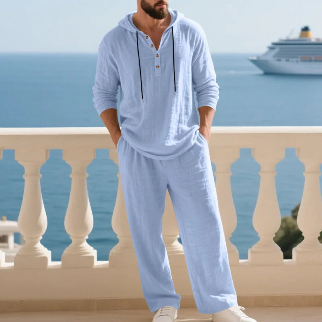 2-PC Loose Hooded Henry Shirt and Pants