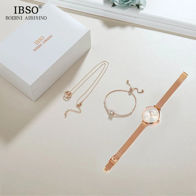 IBSO Brand Female Elegant Jewelry Set Steel Quartz Wristwatch Lady Charm Crystal Pendant Necklace Bracelet Women Gift Set