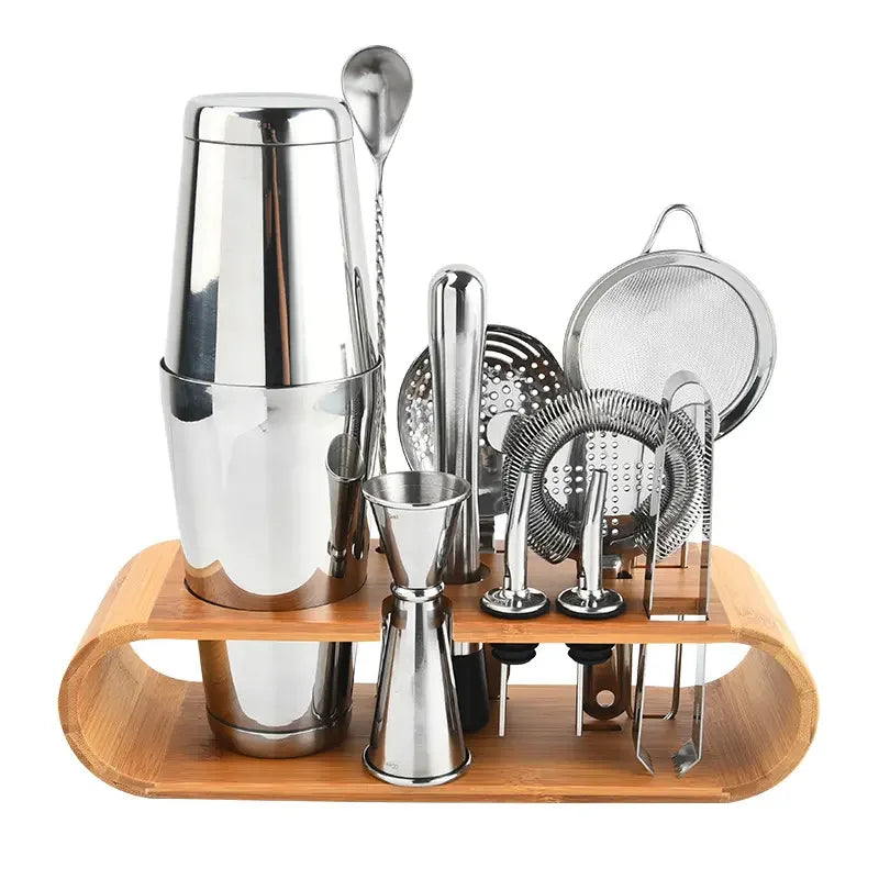 Factory Stainless Steel Barware Kit Includes Boston Cocktail Shaker Travel Gift Set Bamboo Stand-Premium Metal Bar Accessories