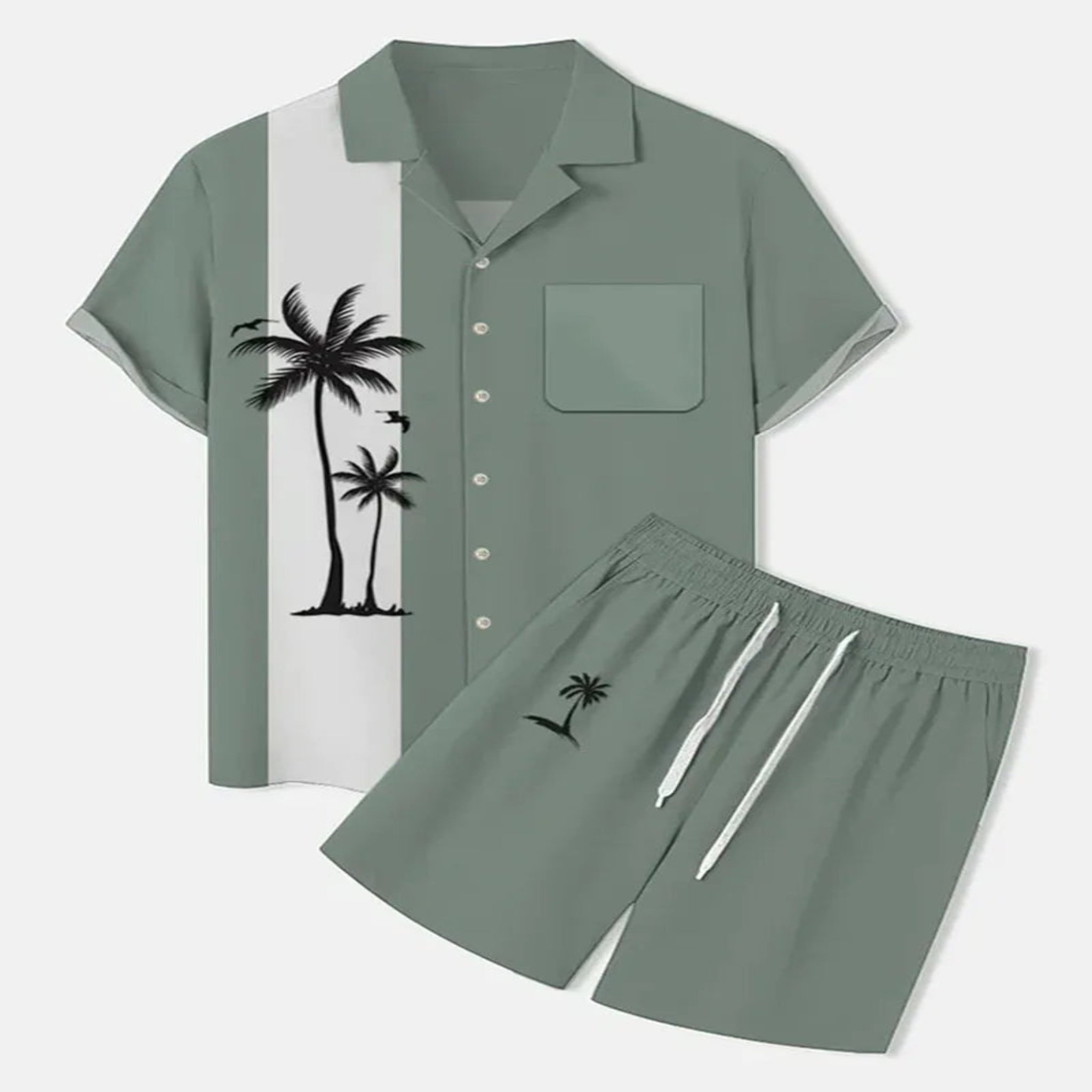 2-PC Print Patchwork Short Sleeve Shirt and Shorts set