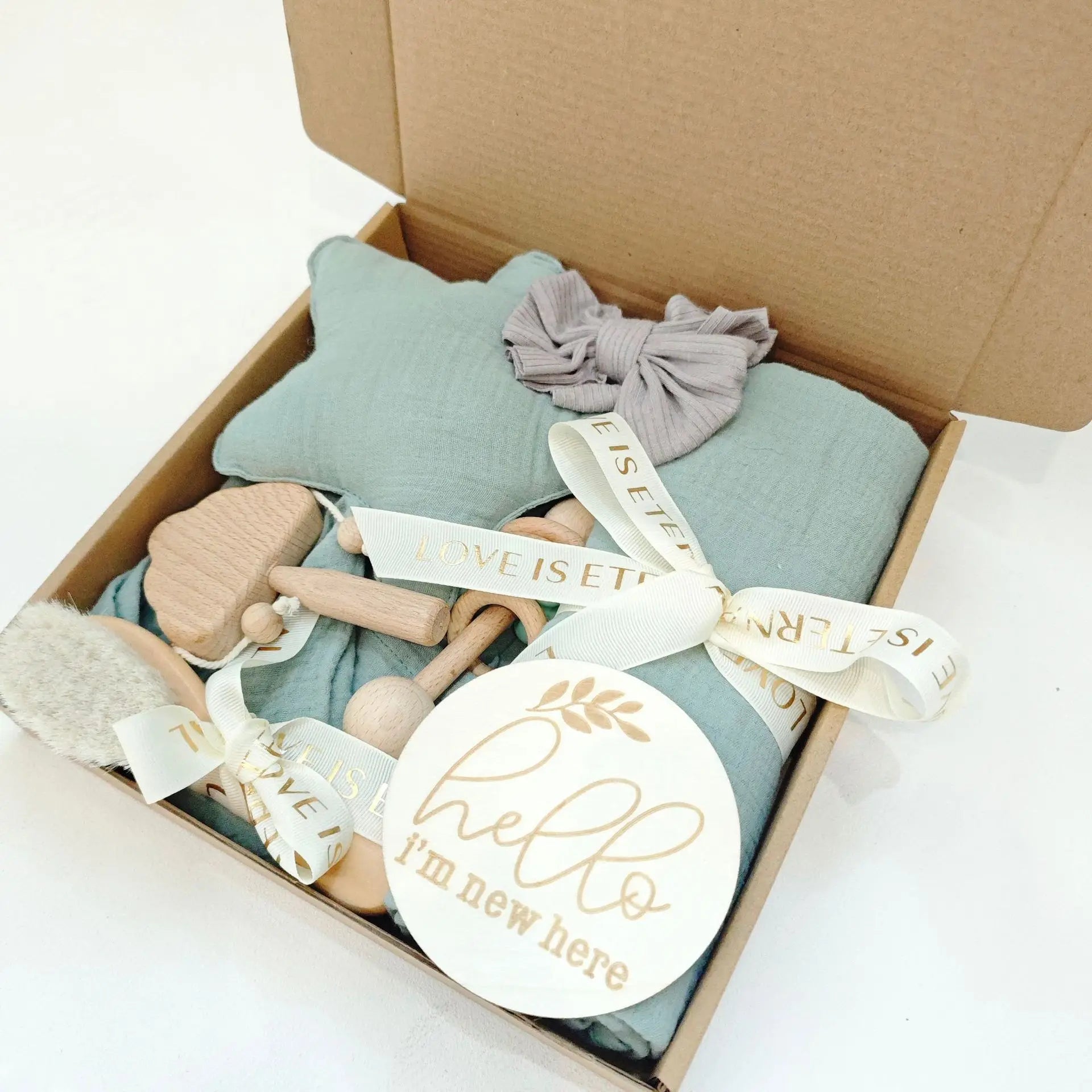Wood Toy Teething Baby Shower Newborn Gift Set,Gender Neutral Gift Set Breathable Cotton Newborn Shower Gift
