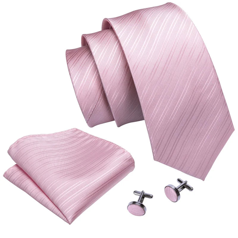 Hot Sale Men's Fashion/Casual Formal Classic Woven Jacquard Silver Pink Striped Necktie Pocket Square Cufflinks Gift Set for Men