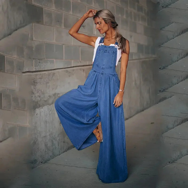 Summer Spring Women Denim Loose Overalls Pockets New Fashionable Wide Leg Suspender Trousers Sleeveless Strap Long Pants