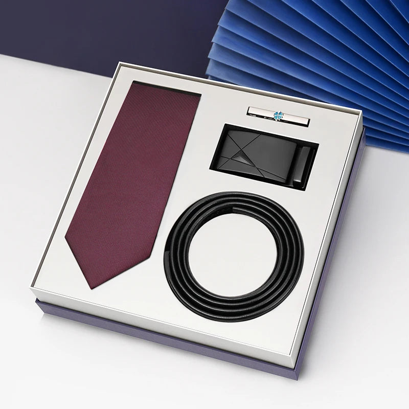 Luxury Gift Set Silk Necktie and Genuine Leather Belts for Men's Wedding