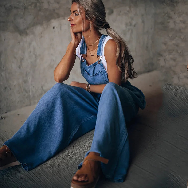 Summer Spring Women Denim Loose Overalls Pockets New Fashionable Wide Leg Suspender Trousers Sleeveless Strap Long Pants