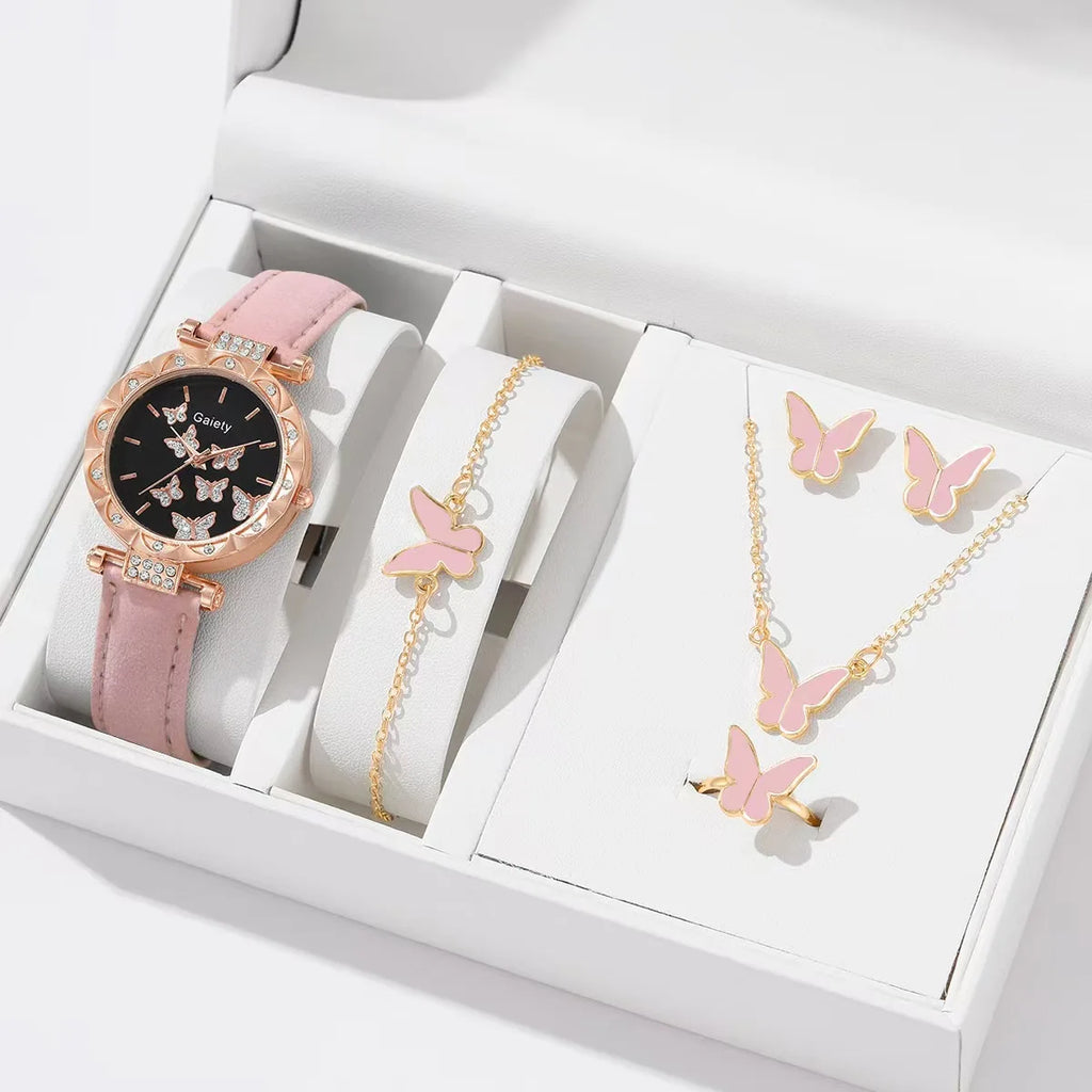 Butterfly Leather Strap Watch Set