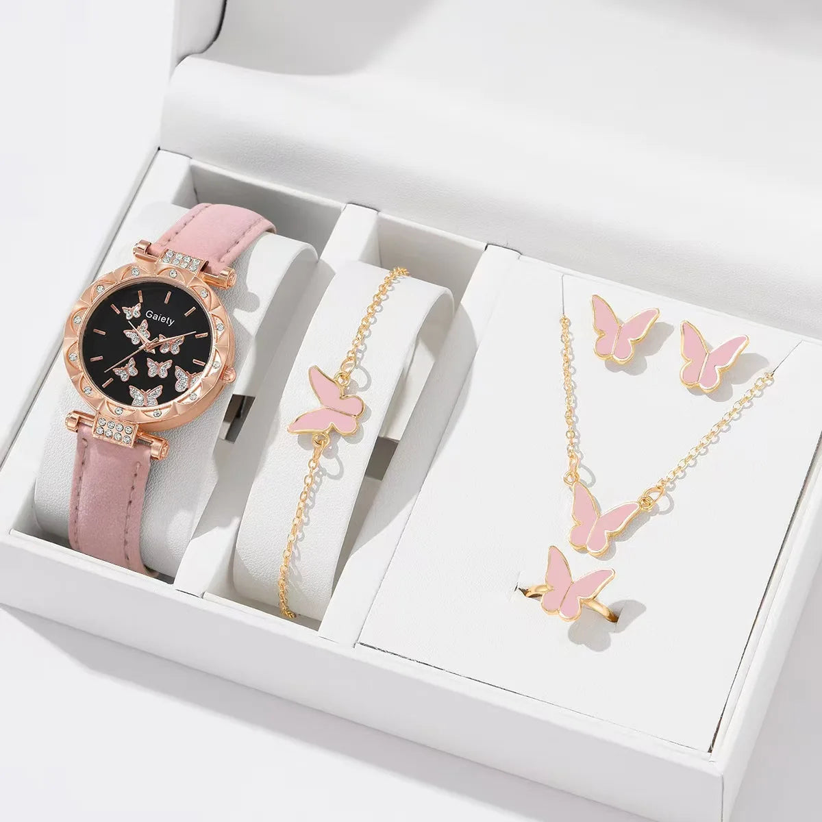 Butterfly Leather Strap Watch Set