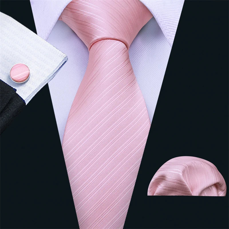 Hot Sale Men's Fashion/Casual Formal Classic Woven Jacquard Silver Pink Striped Necktie Pocket Square Cufflinks Gift Set for Men