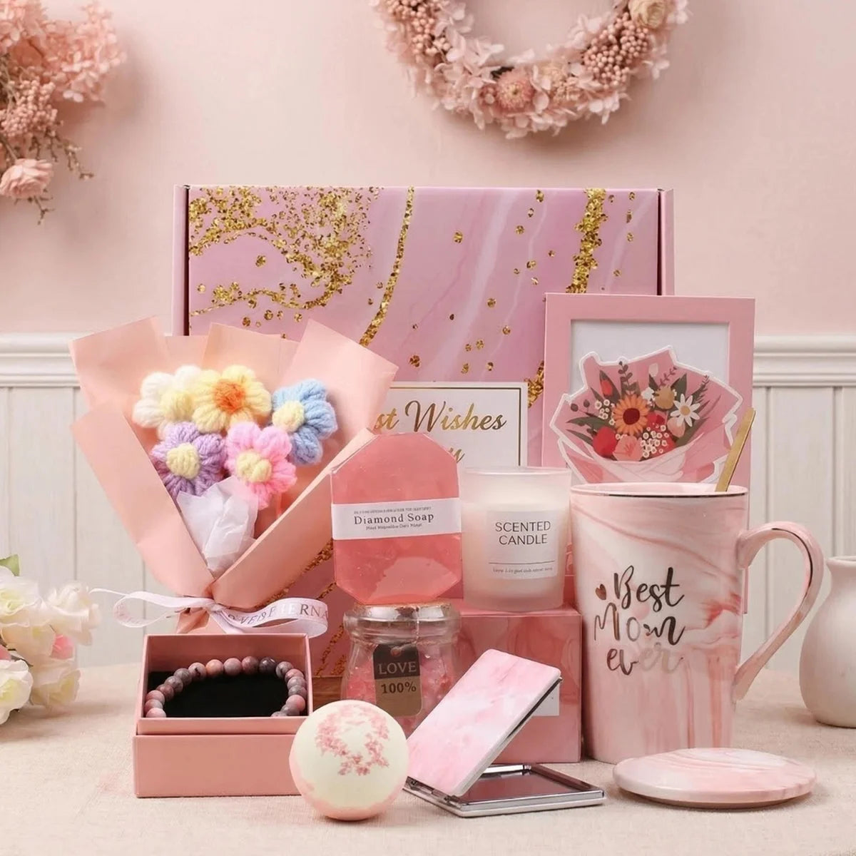 Birthday Mother's Day Women's Self Care Gift Basket Vanilla Relaxing Spa Stainless Steel 16oz Tumbler Pink-Purple Gift Box Set