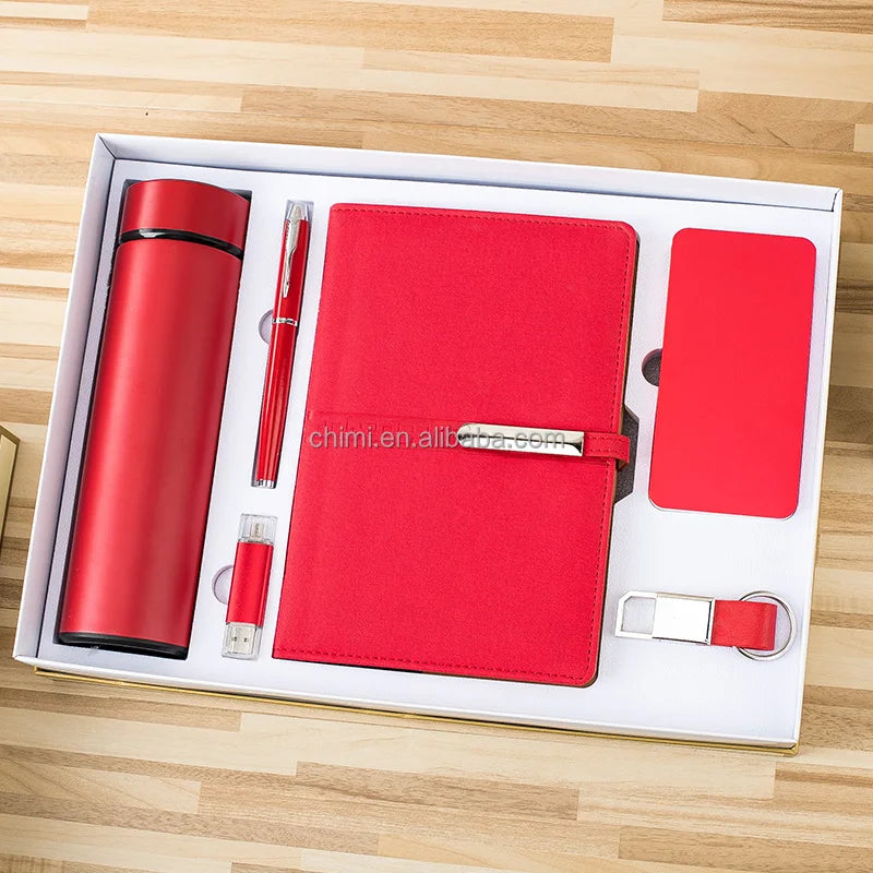 Hot Sale Low MOQ Vacuum Flask+metal Pen+A5 Size Notebook+16 GB USB+power Bank+exquisite Key Chain Gift Set of Business