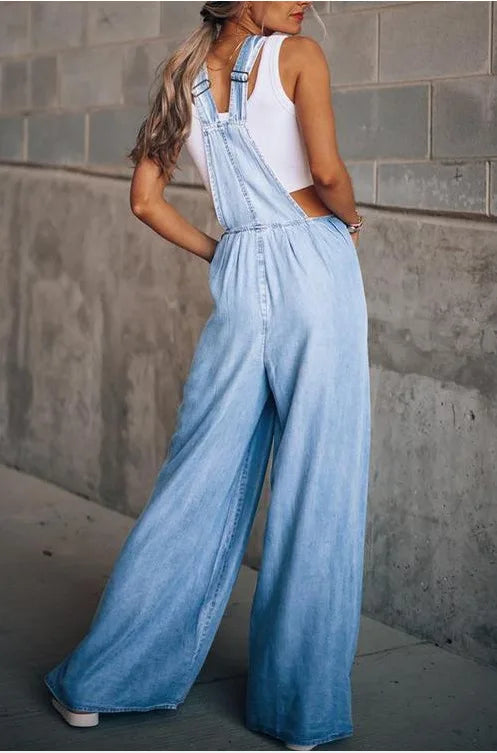 Summer Spring Women Denim Loose Overalls Pockets New Fashionable Wide Leg Suspender Trousers Sleeveless Strap Long Pants