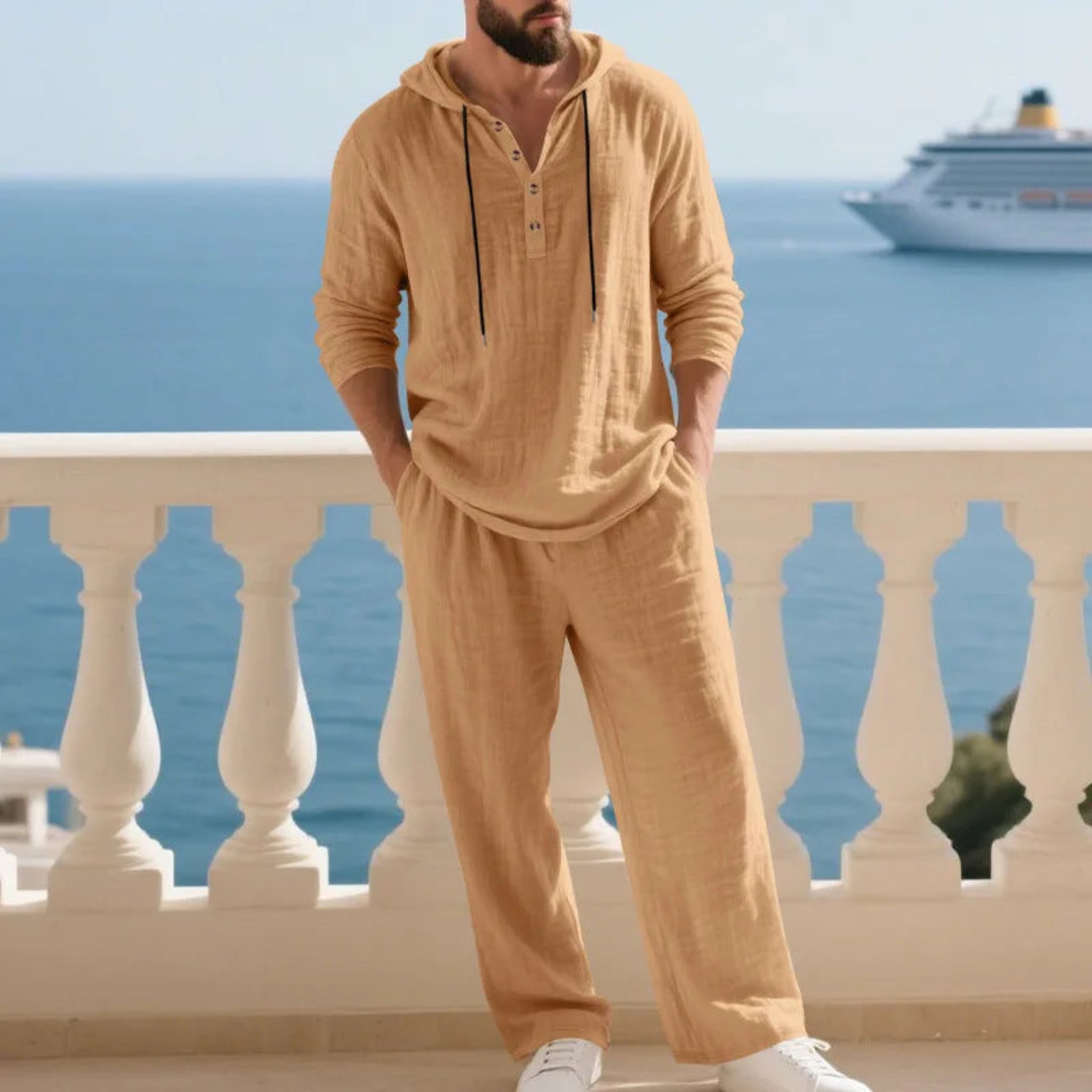 2-PC Loose Hooded Henry Shirt and Pants