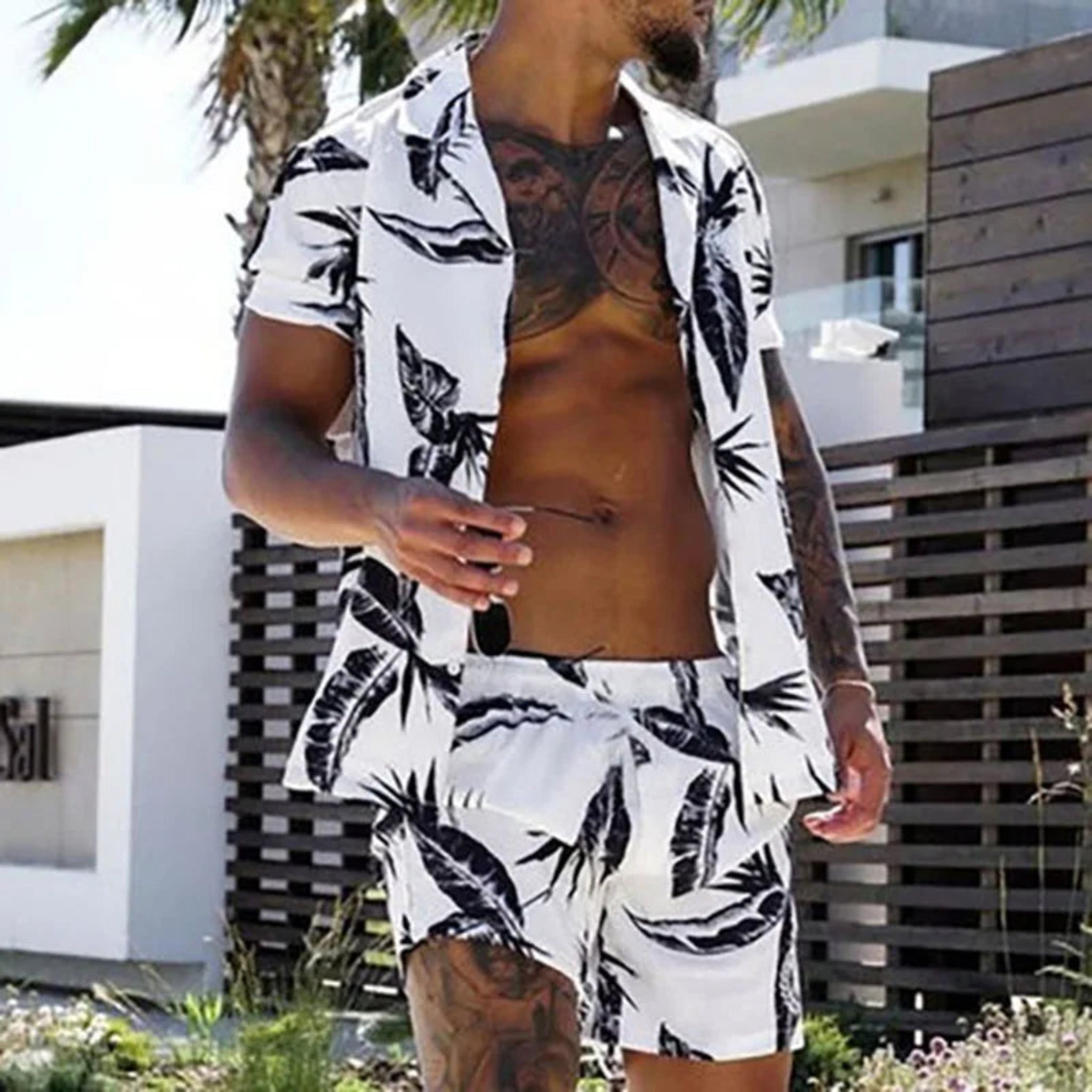 2-PC Print Patchwork Short Sleeve Shirt and Shorts set