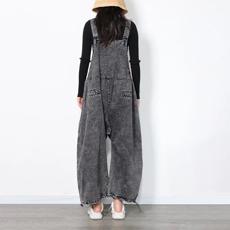 OEM ODM Hot Selling Women Streetwear Jeans Overalls Sleeveless Black Loose Casual Denim Jumpsuits