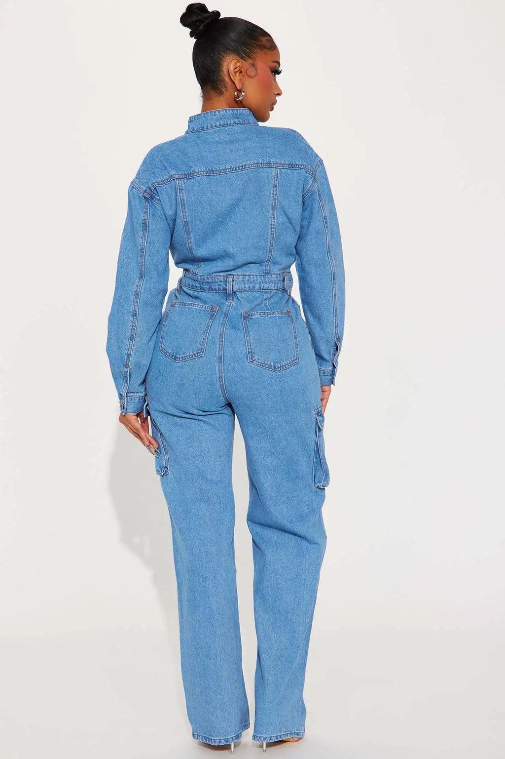 New Spring Blue Fashion Denim Jumpsuit Women's Button Long Sleeve Straight Pants Multi-Pocket Suit Women's Denim Crane Pants