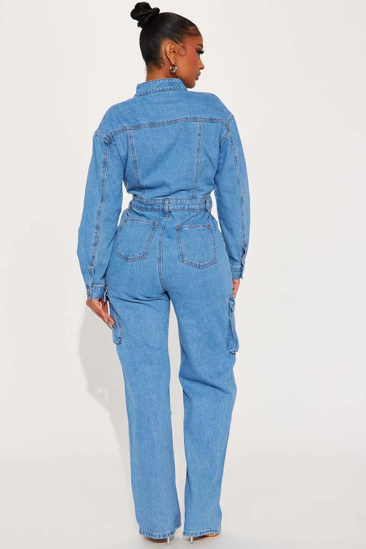 New Spring Blue Fashion Denim Jumpsuit Women's Button Long Sleeve Straight Pants Multi-Pocket Suit Women's Denim Crane Pants