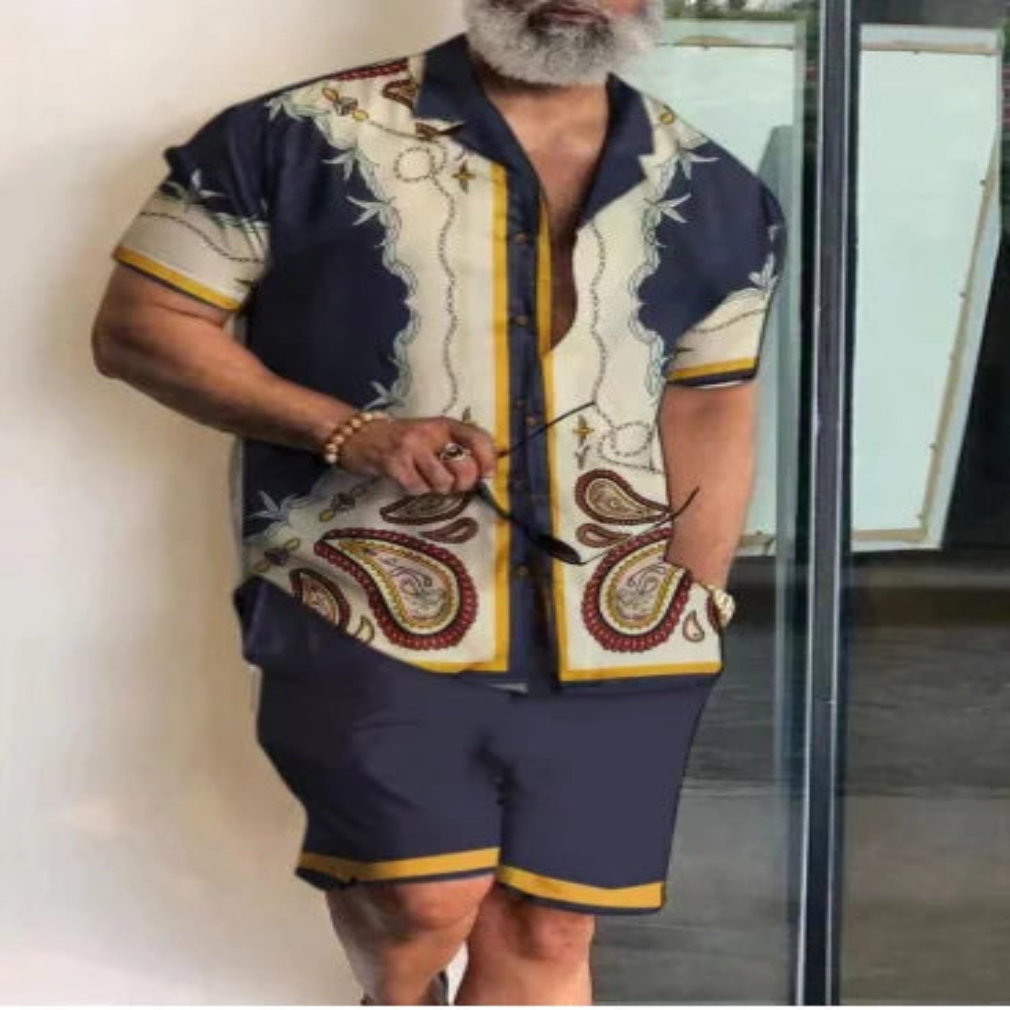 2-PC Print Patchwork Short Sleeve Shirt and Shorts set