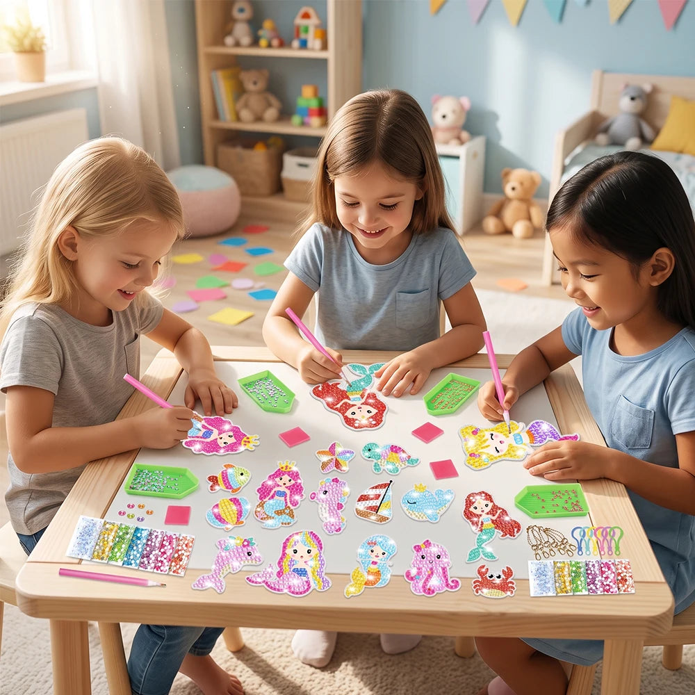 Kids DIY 5D Gem Keychain Painting Set 15 Cartoon Mermaid Sea Animal Diamond Art Handicraft Toy Girls Creative Gift