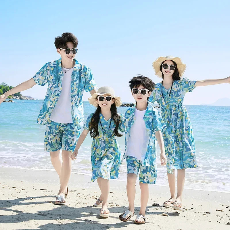 Parent-child Matching Beach Couple Daughter Same Dress Father Son Shirts SetClothes Summer Vacation Look Family Clothing Mother