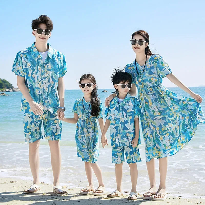 Parent-child Matching Beach Couple Daughter Same Dress Father Son Shirts SetClothes Summer Vacation Look Family Clothing Mother
