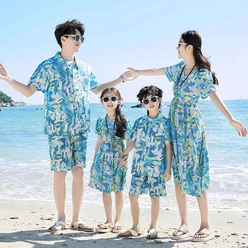Parent-child Matching Beach Couple Daughter Same Dress Father Son Shirts SetClothes Summer Vacation Look Family Clothing Mother