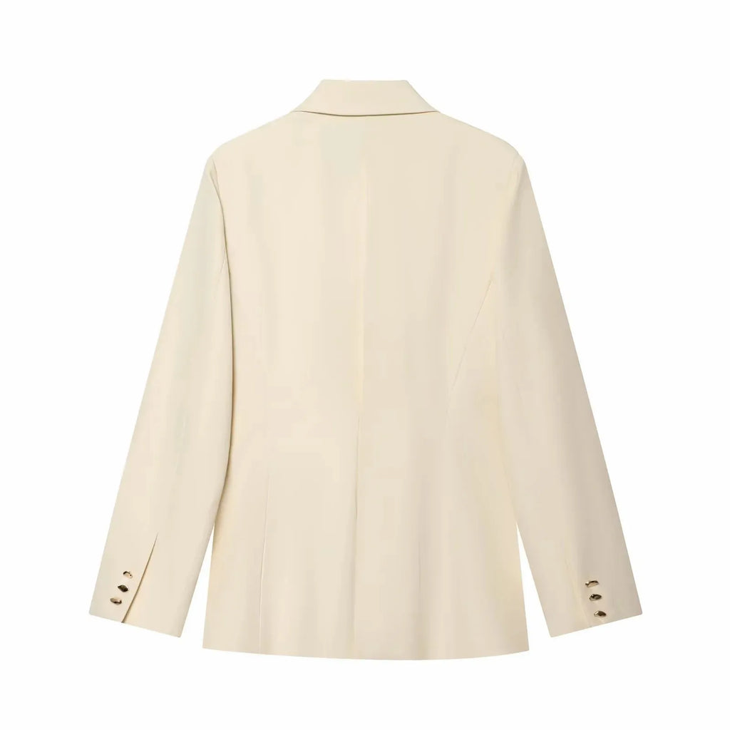 Women Suit Pants Two-Piece Set Buckle Decoration Long Sleeve Blazer Coat + Straight-Leg Pants 2 Pieces Sets Chic Woman Outfits