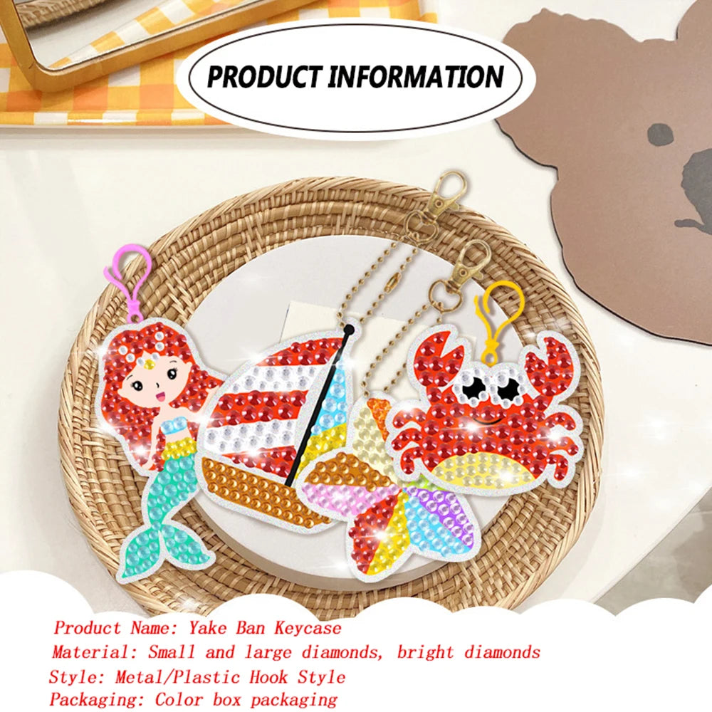 Kids DIY 5D Gem Keychain Painting Set 15 Cartoon Mermaid Sea Animal Diamond Art Handicraft Toy Girls Creative Gift