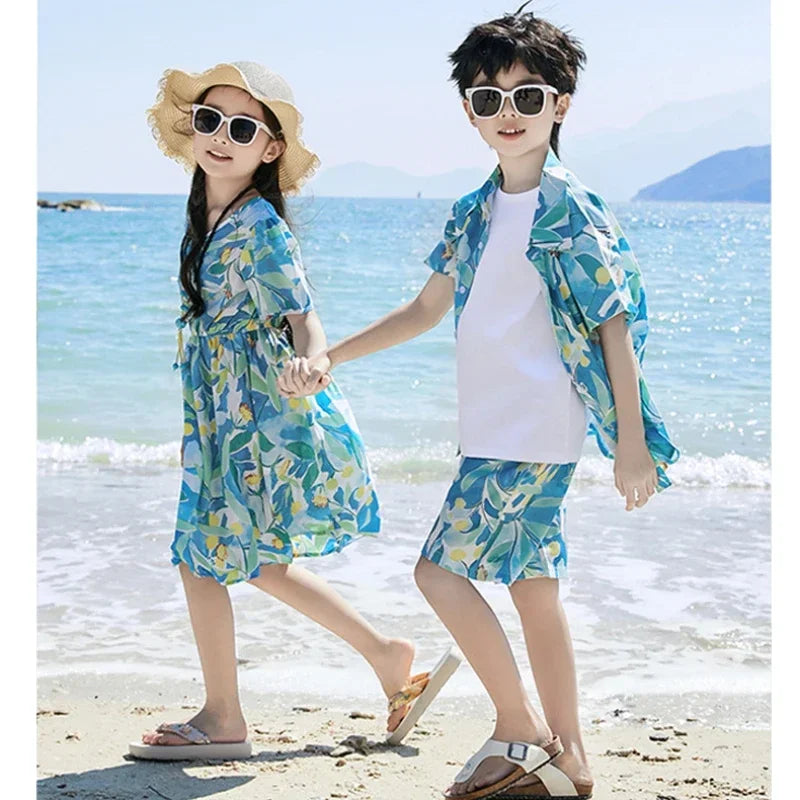 Parent-child Matching Beach Couple Daughter Same Dress Father Son Shirts SetClothes Summer Vacation Look Family Clothing Mother