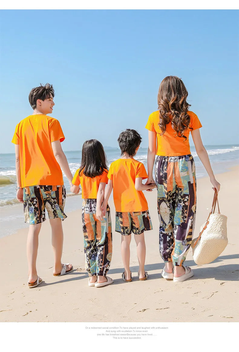 Family Matching Sets Mom Daughter Pants and T Shirt 2 Pieces Suit Dad Son Tops Shorts Two Piece Outfits Parent-child Clothing