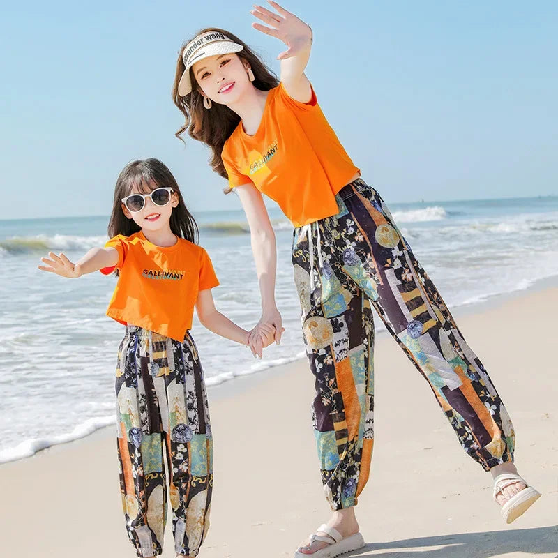Family Matching Sets Mom Daughter Pants and T Shirt 2 Pieces Suit Dad Son Tops Shorts Two Piece Outfits Parent-child Clothing