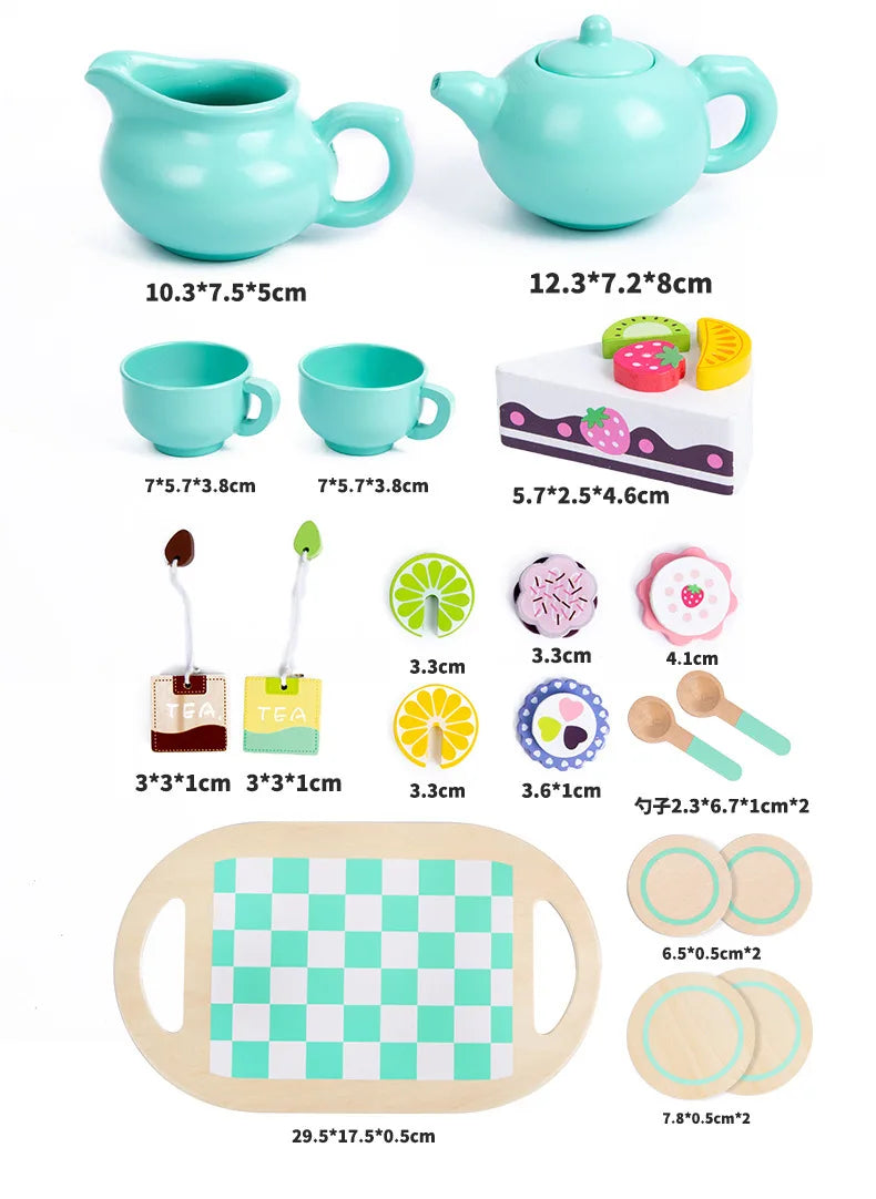 Wooden Tea Set Toys Pretend Play Food Kitchen Accessories Kids Tea Time Party Food Toy for 3 4 5 6 Year Girls Boys Children Gift