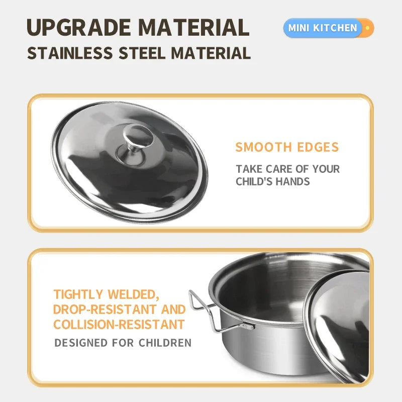 Stainless Steel Kids Kitchen Toy Set with Real Metal Cooking Utensils Pots Pans - Pretend Play Accessories for Kid Birthday Gift