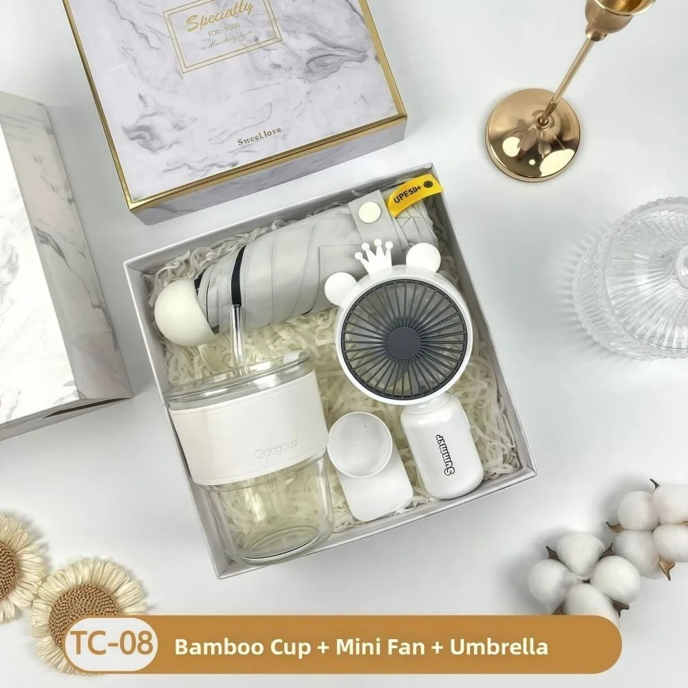 3 IN 1 Souvenir Gift Set Fan/Towel/Cup with Paper Bag Practical Gift Sets Luxury Stylish Design Gift Box Set Personalized Gifts